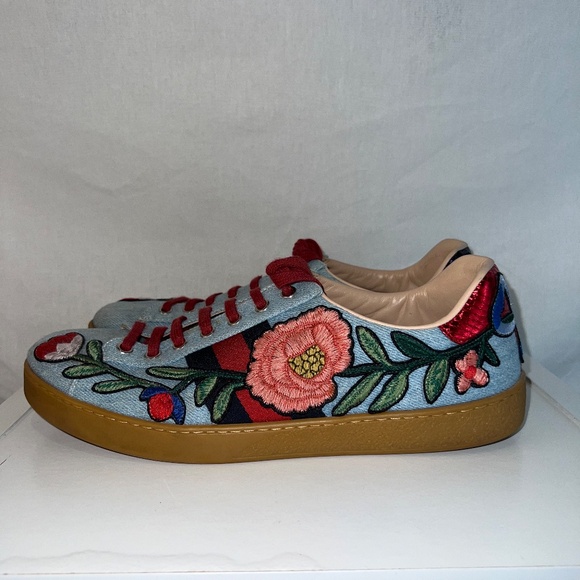 Gucci, Low Top Embroidered Sneakers, Floral Denim Ace, Size 10.5 - Picture 5 of 14